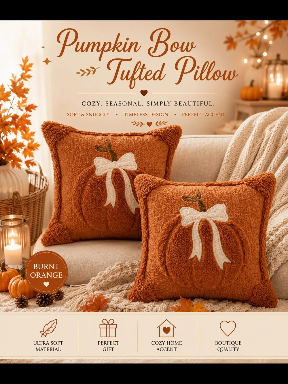 Burnt Orange Pumpkin Bow Tufted Pillow - Cozy Seasonal Accent With Insert